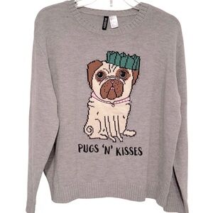 NWT Divided Size L Juniors Soft Gray Long Sleeve Sweater “Pugs ‘N’ Kisses”